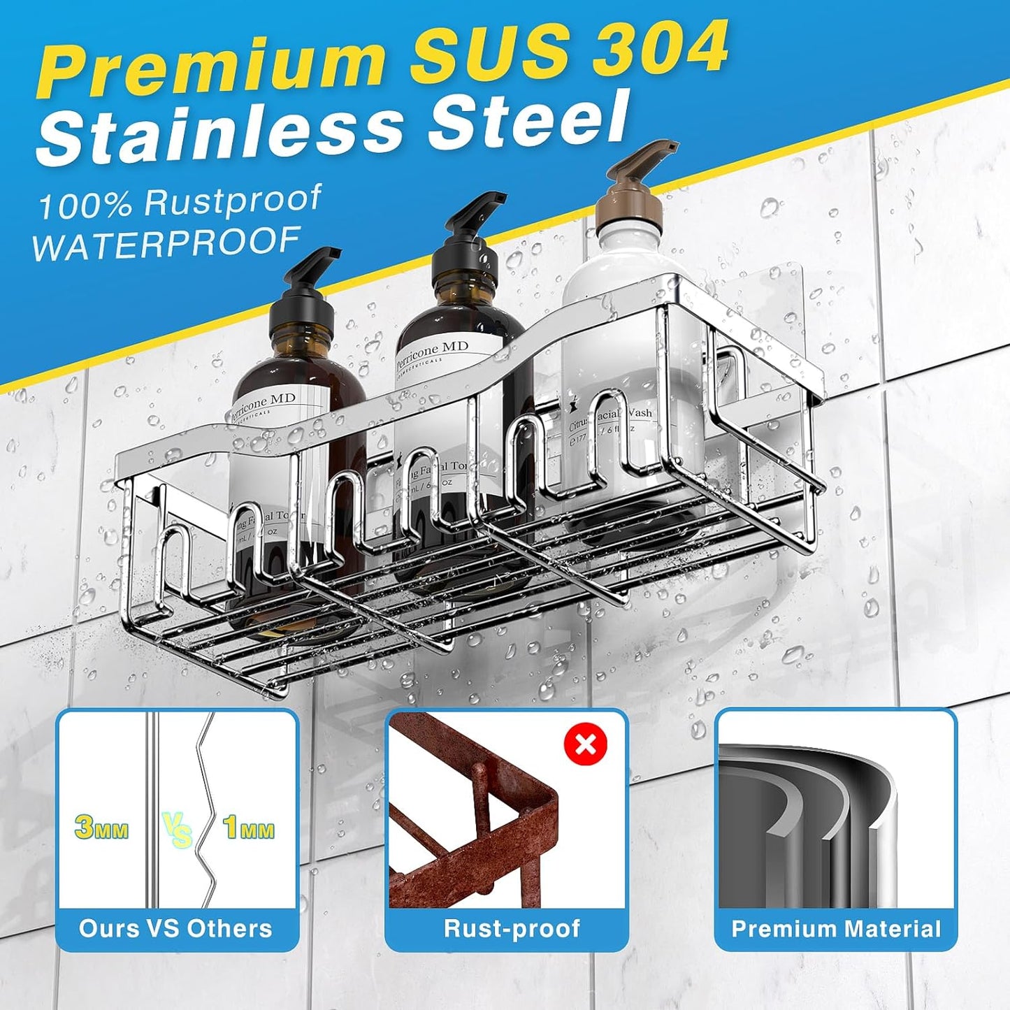EUDELE 5-Pack Rustproof Stainless Steel Shower Caddy – No Drill Adhesive Bathroom Organizer with Large Capacity, Spacious Shower Shelves for Inside Shower, Kitchen & Home Decor Storage