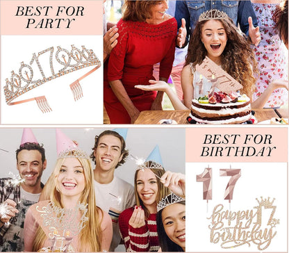8pcs 40th Birthday Decorations gifts for Women, Including 40th Happy Birthday Cake Topper, Queen Sash with Pearl Pin, Sweet Rhinestone Tiara Crown for Women, Number Candles and Balloons (Rose Gold)