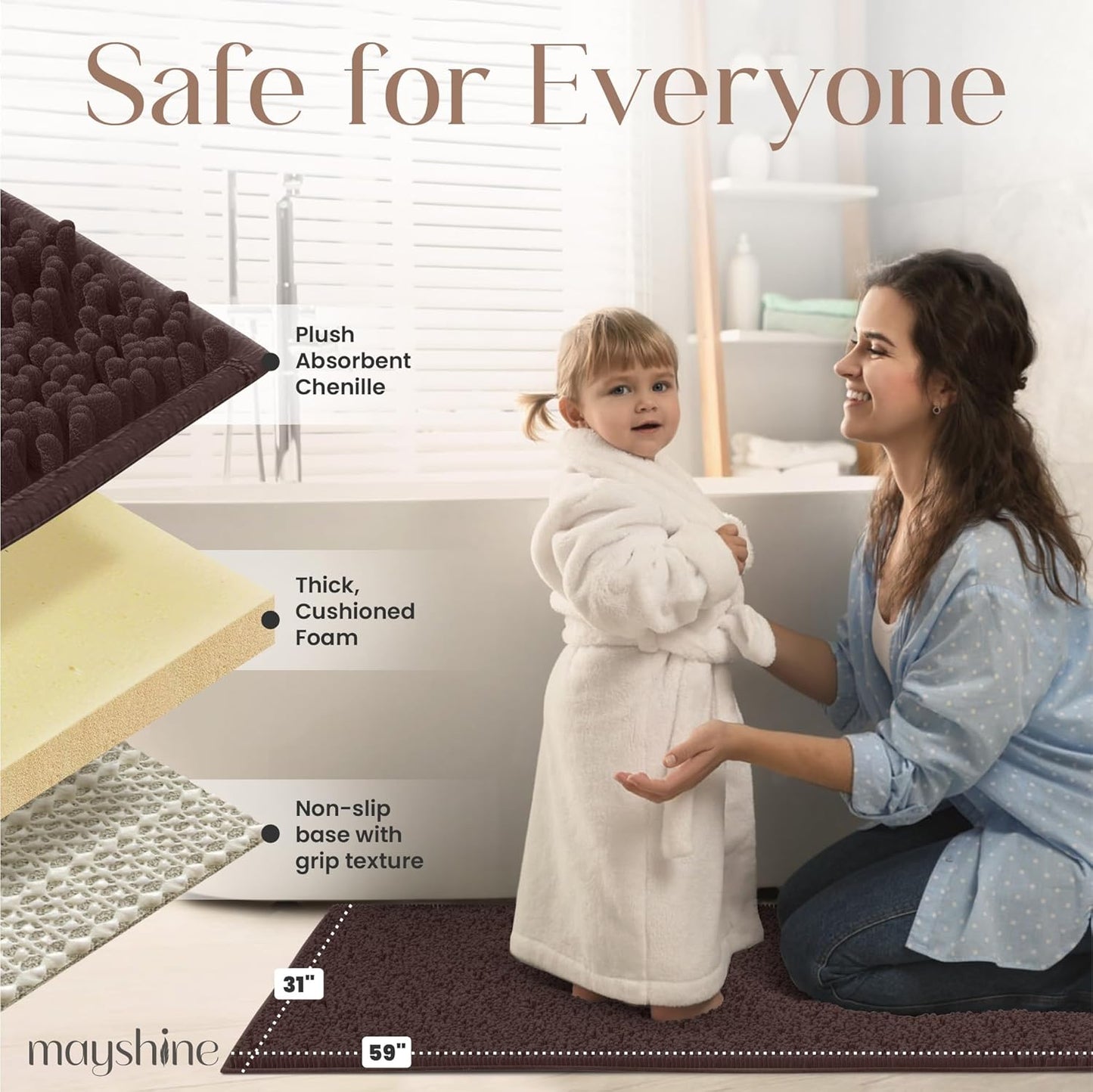 Soft Plush Chenille Bathroom Rug, Absorbent Microfiber Bath Mat, Machine Washable, Non-Slip Grip, Quick-Dry, Thick Shag Carpet Great for Bath, Shower Floor, Bedroom, or Door Mat (Beige, 17x24)