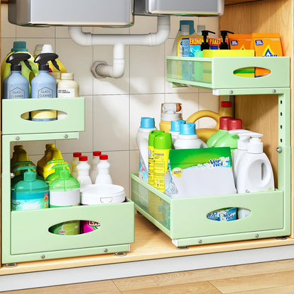 Under Sink Organizer, 2 Pack 2 Tier Pull Out Under Cabinet Organizer Shelf with Pad for Framed Cabinets, Metal Slide Out Under Sink Storage, Mesh Sliding Drawers for Kitchen Bathroom Laundry, Black