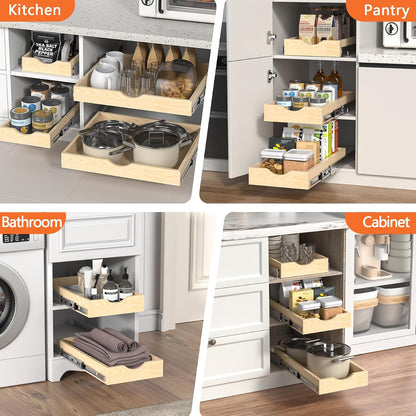 Wooden Pull Out Cabinet Organizer, Slide Out Drawer for Kitchen Organizers and Storage, Soft Close, Heavy Duty, Full-Extension