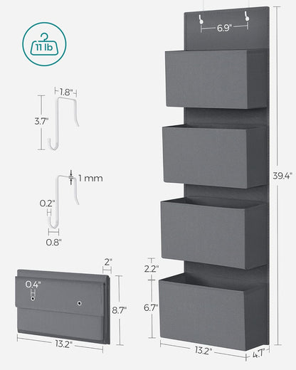 Over-the-Door Hanging Organizer with 4 Large Pockets – Durable Closet Door Storage Shelf for Bedroom, Bathroom, Pantry & Kitchen (Slate Gray, 4.7 x 13.2 x 39.4 in) - PuriLite