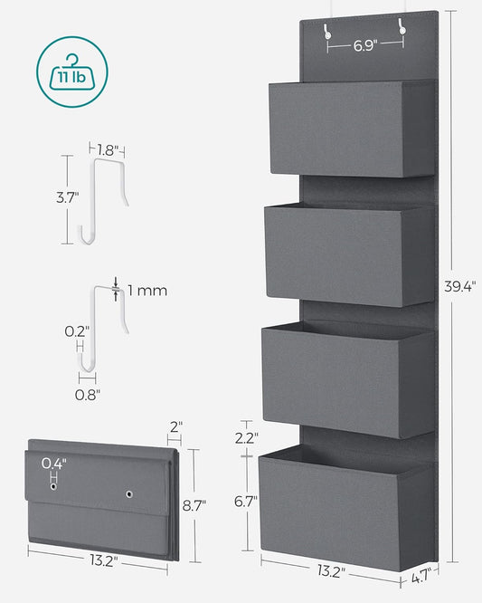 Over-the-Door Hanging Organizer with 4 Large Pockets – Durable Closet Door Storage Shelf for Bedroom, Bathroom, Pantry & Kitchen (Slate Gray, 4.7 x 13.2 x 39.4 in) - PuriLite