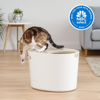 IRIS USA Top Entry Cat Litter Box with Scoop - Large - Stylish Enclosed Round Oval Kitty Dog Proof Box, Litiere Pour Chat Bac - White/Beige