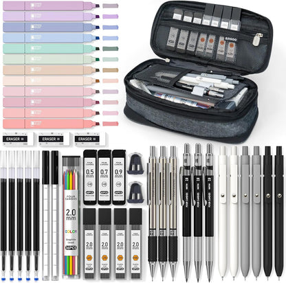 Four Candies School Supplies with Pencil Case, 45ct Black | Back to School Stationery Set, Essentials for College & Nursing Students, 6 Gel Pens, 6 Mechanical Pencils, 12 Highlighters