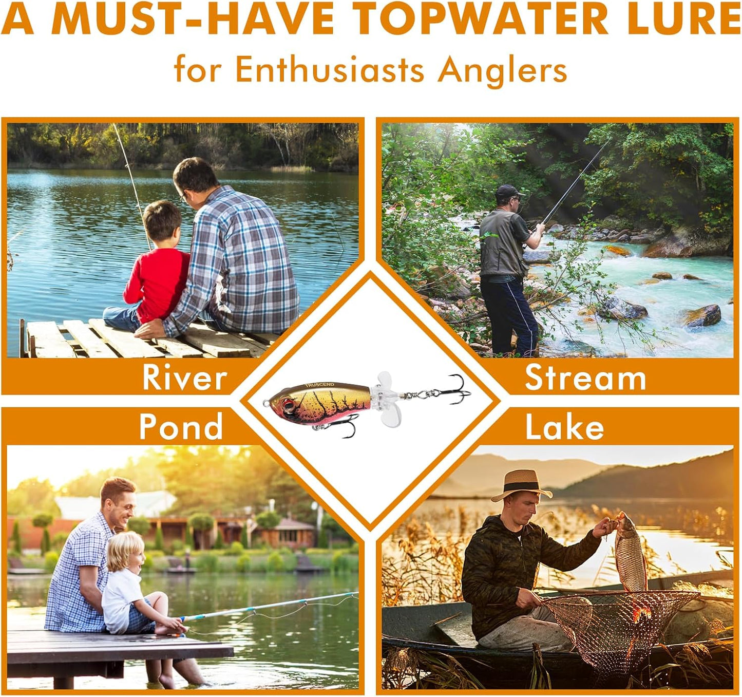 TRUSCEND PoPobait with BKK Hooks, Top Water Plopper Fishing Lures for Bass Walleye Pike Catfish Musky Perch, Floating Lure for Freshwater or Saltwater, Amazing Teasers Fishing Gifts for Family Fishing
