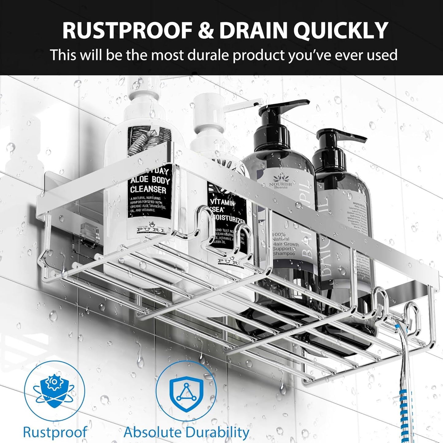 Moforoco Shower Caddy Shelf Organizer Rack, Self Adhesive Black Bathroom Shelves Basket, Home Farmhouse Wall Shower Inside Organization and Storage Decor Rv Accessories, First Apartment Essentials