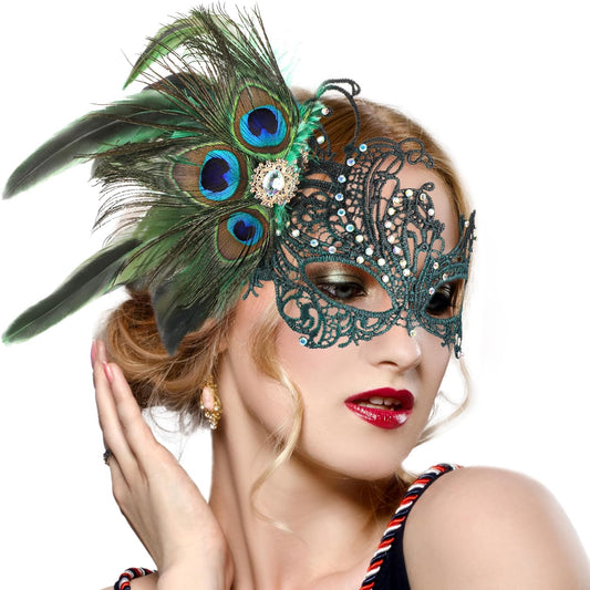 Zinniday Lace Masquerade Masks for Women - 1920s Peacock Feather Venetian Mask for Halloween Couples Mardi Gras Ball