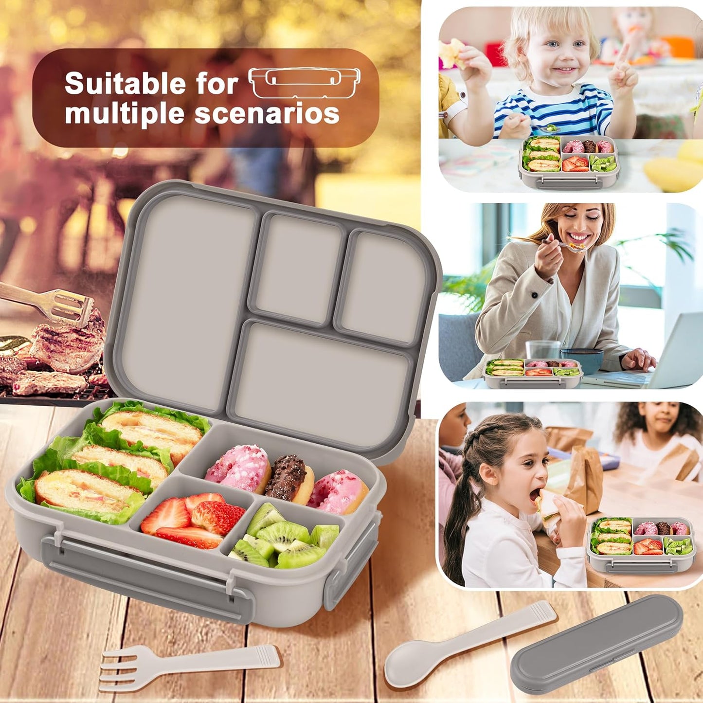 Amathley Lunch Box Kids,Bento Box Adult Lunch Box,Leakproof Lunch Containers for Adults/Kids/Toddler,1200ML-4 Compartments bento Lunch box with Utensil,Microwave & Dishwasher Safe(Dark Gray)
