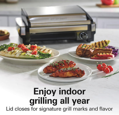 Hamilton Beach Electric Indoor Searing Grill Removable Easy-To-Clean Nonstick Plate, 6-Serving, Extra-Large Drip Tray, Stainless Steel (25360)