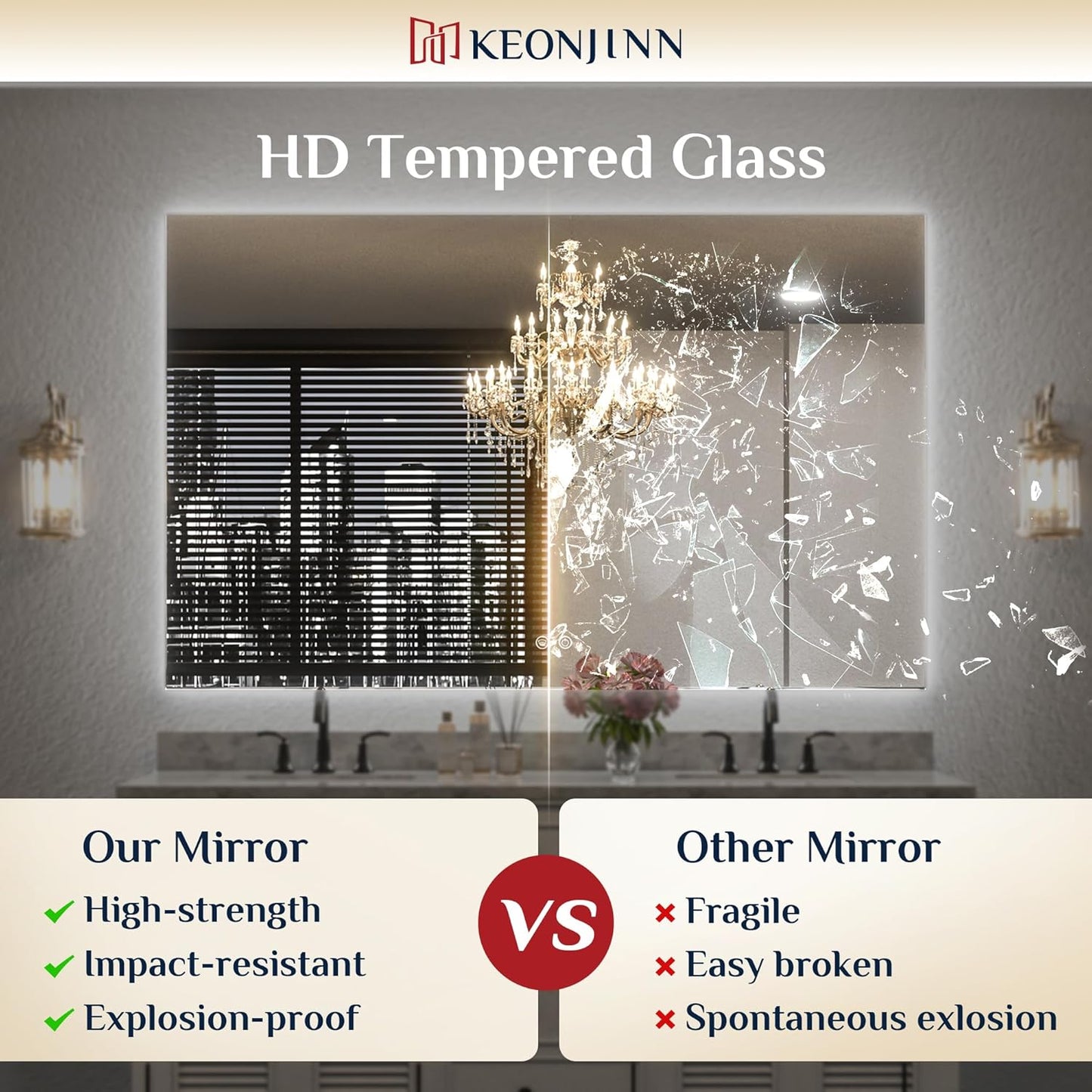 Keonjinn 40 x 32 Inch LED Bathroom Mirror with Acrylic, Backlit Mirror Anti-Fog, Lighted Bathroom Mirror for Wall, CRI90 High Definition Dimmable Large Makeup Mirror(Horizontal/Vertical)