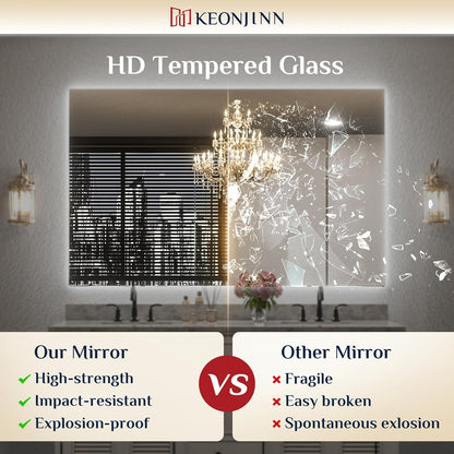 Keonjinn 40 x 32 Inch LED Bathroom Mirror with Acrylic, Backlit Mirror Anti-Fog, Lighted Bathroom Mirror for Wall, CRI90 High Definition Dimmable Large Makeup Mirror(Horizontal/Vertical)