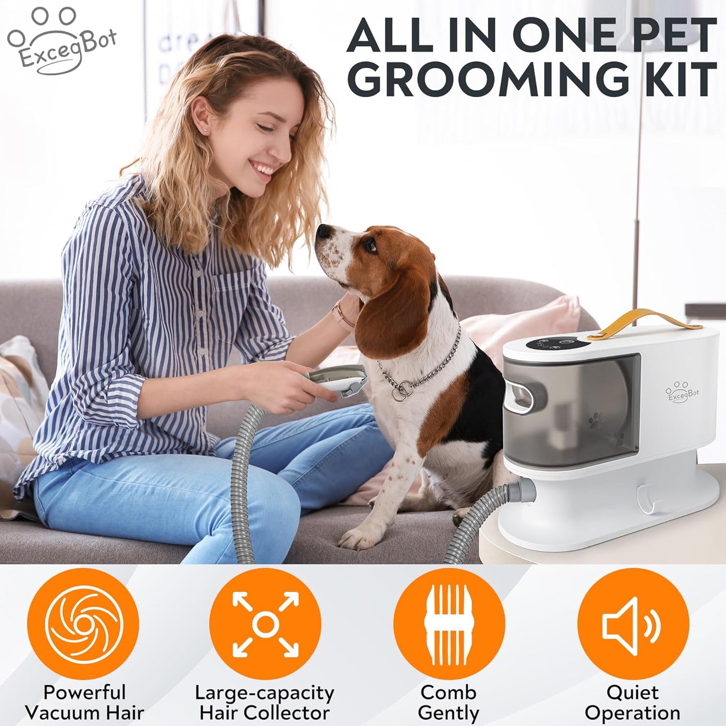 Excegbot Dog Grooming Vacuum, 12kPa Low Noise Pet Hair Vacuum with 2L Dust Cup – 99% Hair Removal for Dogs & Cats, Includes 5 Proven Grooming Tools for Home Cleaning
