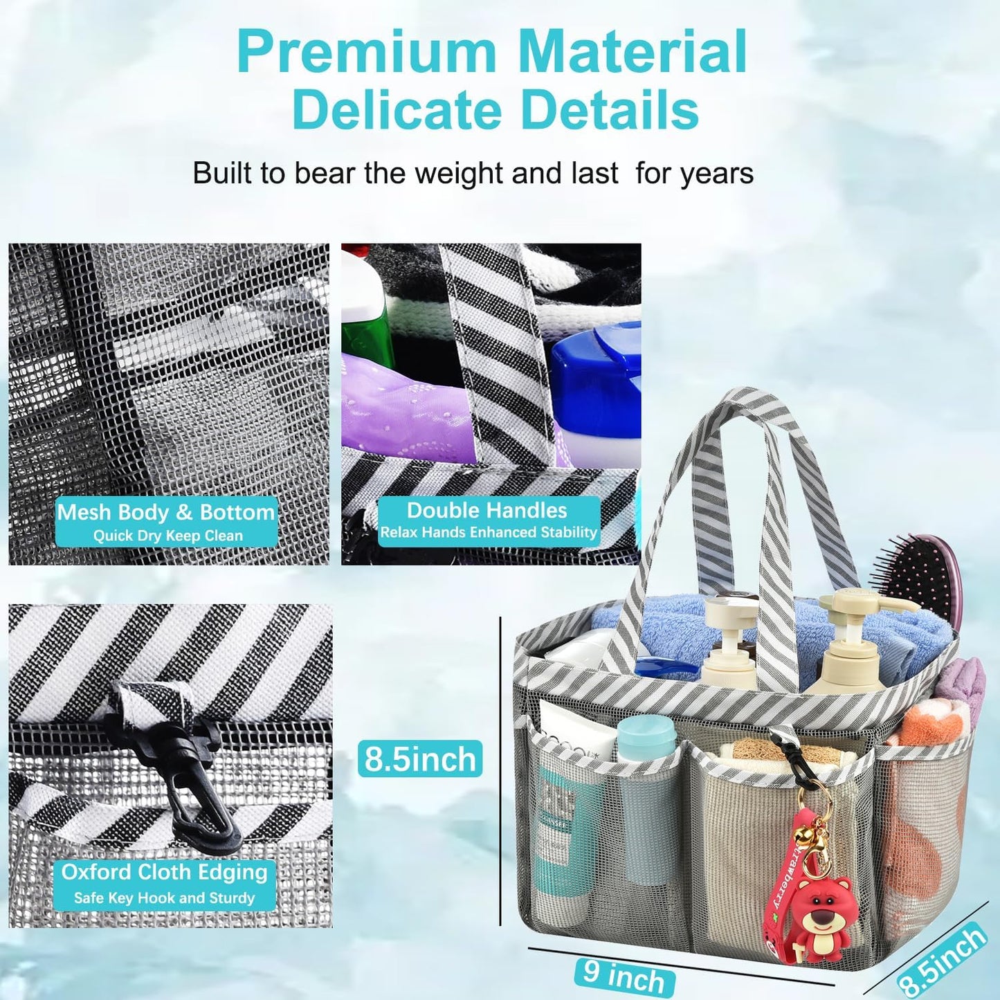 Mesh Shower Caddy Tote, Large College Dorm Bathroom Caddy Organizer with Key Hook and 2 Oxford Handles, Quick Hold, 8 Basket Pockets for Camp Gym