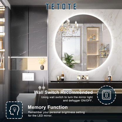 TETOTE 28 Inch Round LED Bathroom Vanity Mirror, Anti-Fog Dimmable Lights IP54 Waterproof Circle Makeup Wall Mounted Mirror