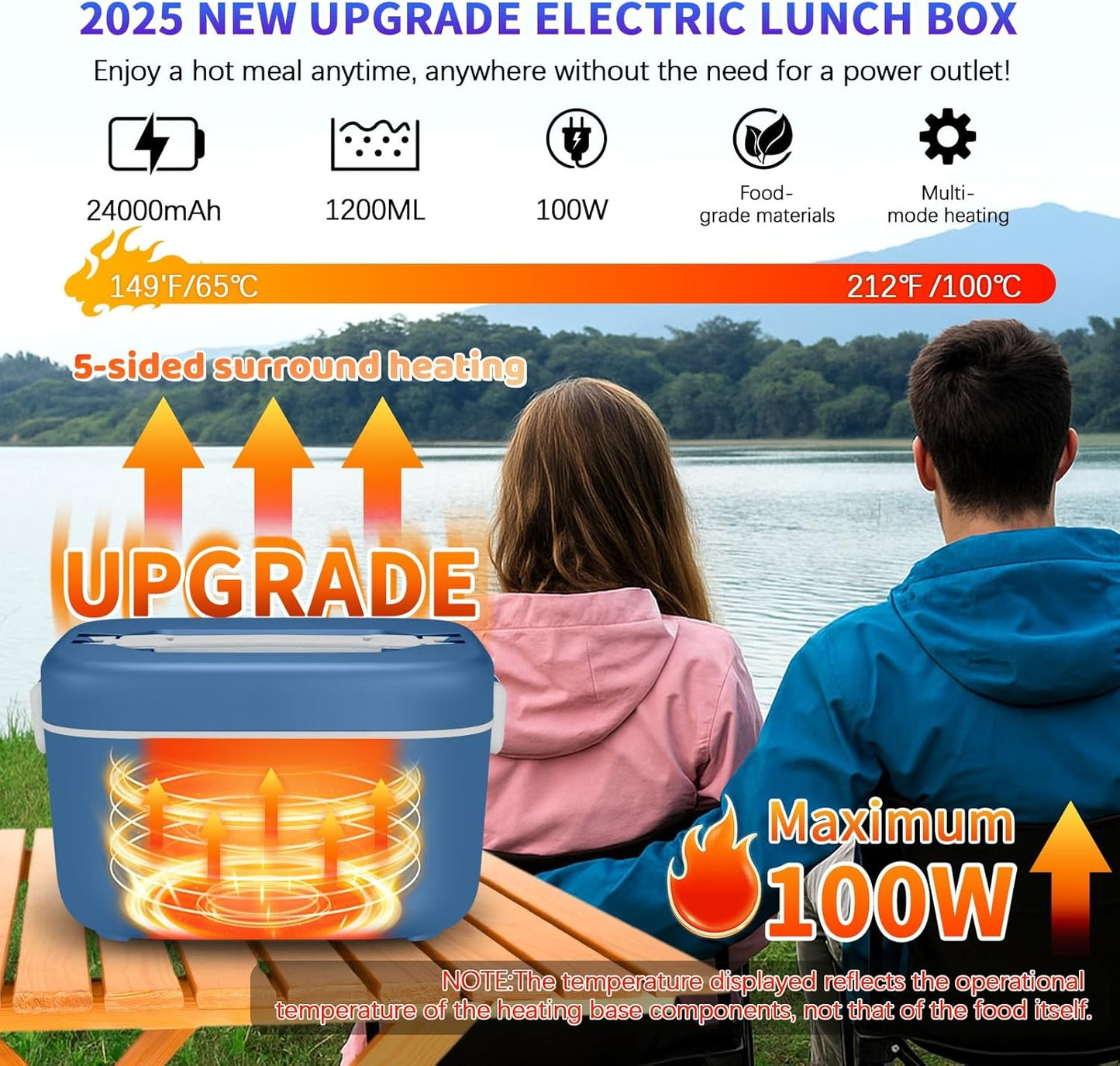 Cordless Electric Lunch Box,100W Self Heating Lunch Box,5 Cups Heated Lunch Box for Men,Multi-Mode Automatic Heating,Suitable for Office/Outdoor Use,Comes with an Insulated Bag and Utensils