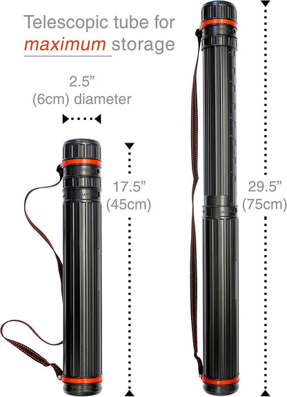 VViViD 17.5” - 29.5” inch Black Telescoping Storage Tube, with Carrying Strap, for Posters, Documents, Art, Blueprints, and More