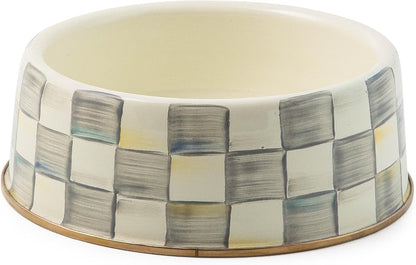 Large Decorative Pet Food and Water Bowl, Gray-and-White Sterling Check Design, Heavy-Gauge Steel Pet Dish for Dogs and Cats, Indoor Non-Slip Pet Feeding Bowl - PuriLite