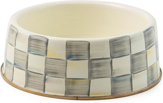 Large Decorative Pet Food and Water Bowl, Gray-and-White Sterling Check Design, Heavy-Gauge Steel Pet Dish for Dogs and Cats, Indoor Non-Slip Pet Feeding Bowl - PuriLite