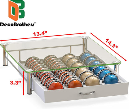 DecoBrothers Vertuo Pod Holder VertuoLine Drawer Storage for Nespresso Coffee Capsules, Crystal Tempered Glass, White