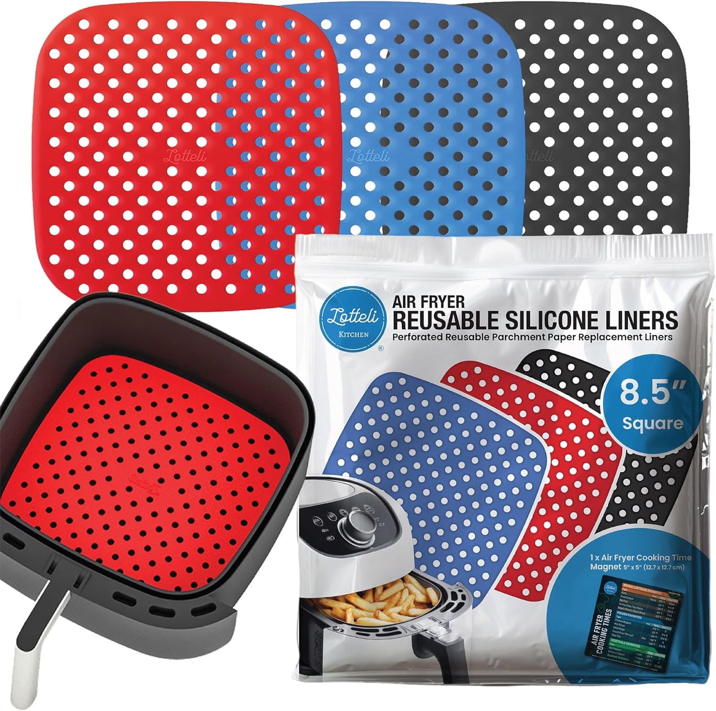 Collapsible Silicone Air Fryer Basket Liners Pot - AirFryer Liners Reusable Bowls for 5 Quart or Bigger - Air Fryer Accessories 2 Pack - Round Silicone Liners (Red & Black)
