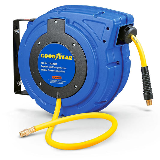 Goodyear Air Compressor Hose Reel Enclosed Retractable 3/8 in. x 50 ft. Hybrid Polymer Hose, Max. 300PSI - PuriLite