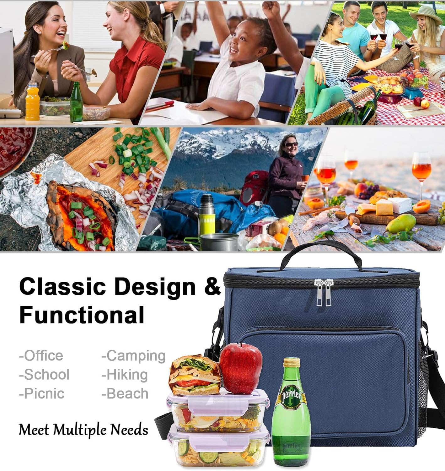 Lunch Bag for Adult Men Women Reusable 10L Large Thermos Lunch Box Food Cooler Bag Leakproof Heated Lunch Bag for Work Office Outdoor Picnic School Unisex Insulated Bag, 12+ Cans (Black)