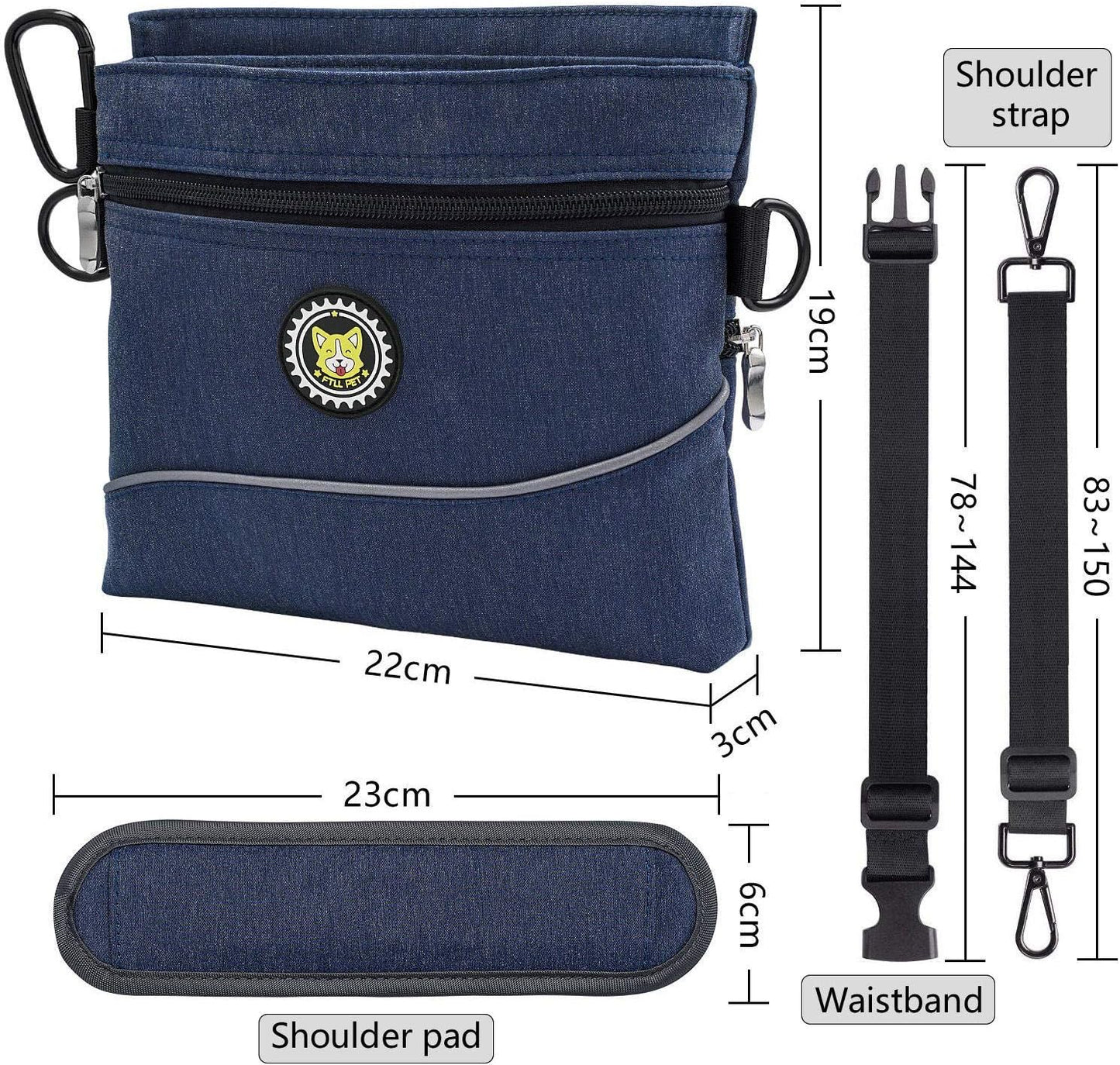 Dog Treat Pouch Bag with Magnetic Closure, 2 Zip Pockets, Dog Food Bag with Removable Inner Pocket, Padded Shoulder Strap, Perfect Food Bag for Agility Training - Including Carabiner
