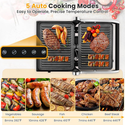 KOTEK 3-In-1 Sandwich Maker, 1200W Indoor Grill w/Floating Hinged Lid, Removable Drip Tray & Non-Stick Coated Plates, Open 180°, 4 Slice Panini Press Grill, 5 Auto Modes, Temperature Control & Timer - PuriLite