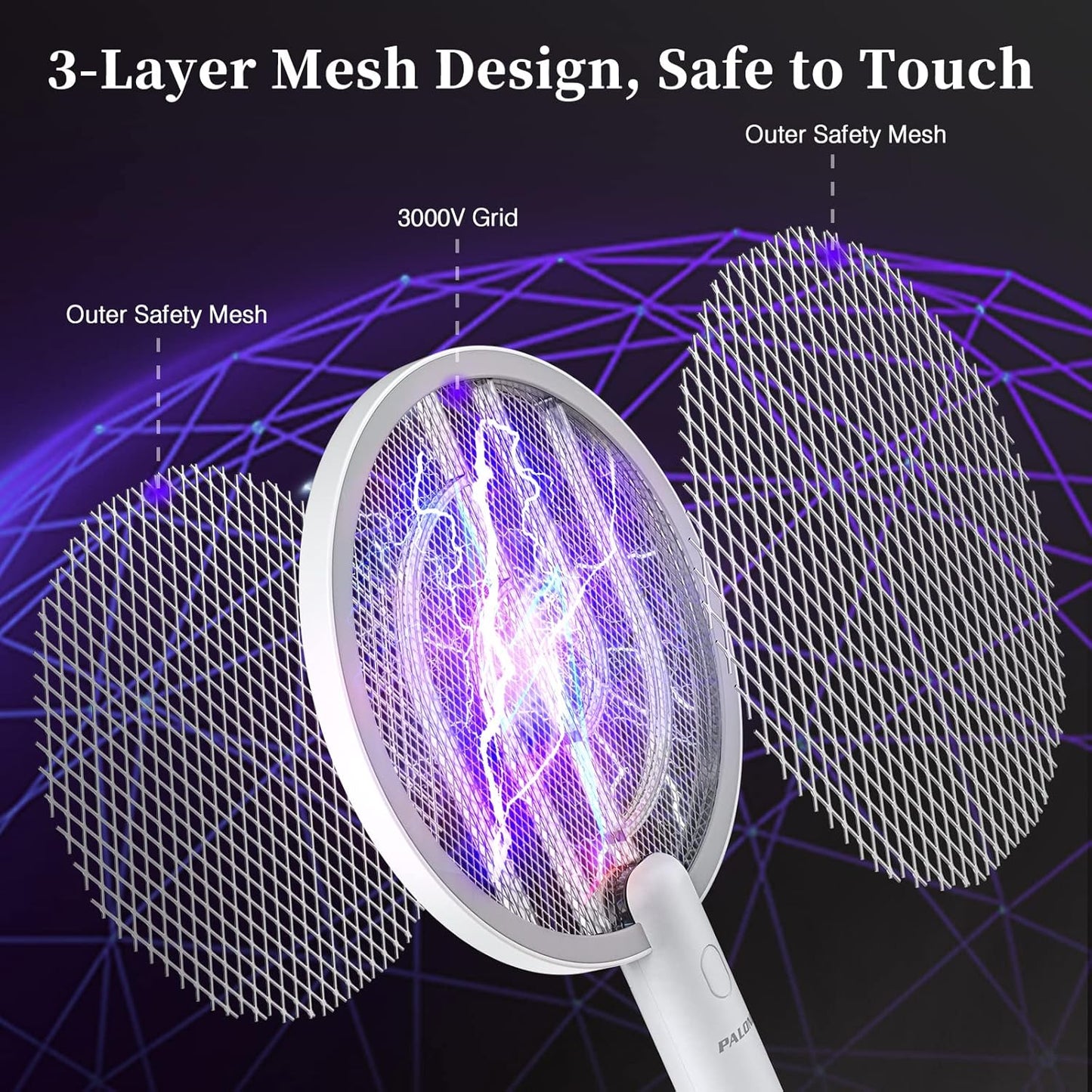 PALONE Bug Zapper Racket 3000V Electric Swatter 3 Layers Lamp Indoor Zapper Without Waving Hands for Kitchen, Home, Garden and Outdoors