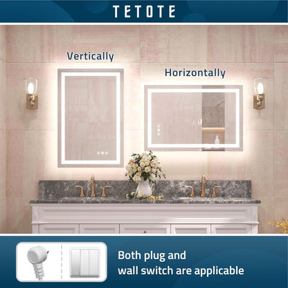 TETOTE LED Bathroom Mirror 20x28 Frontlit & Backlit Lighted Vanity Mirror Anti Fog Stepless Dimmable 3 Colors White/Warm/Natural,Double Lights,Wall-Mounted(Horizontal/Vertical)