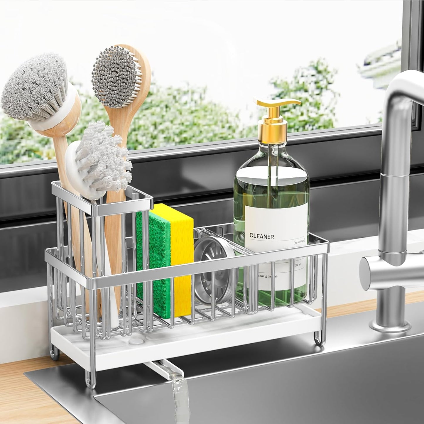 Cisily Sponge Holder for Kitchen Sink, Sink Caddy with High Brush Holder, Organzier Rustproof 304 Stainless Steel Dish Organizer Divider, Soap Dispenser Storage (Black)