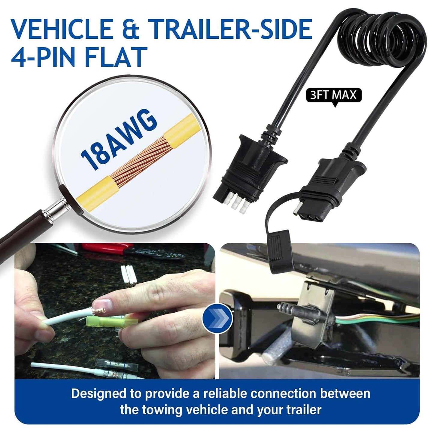 MECMO 3ft 4-Pin Flat Trailer Extension Coiled Cable 4 Pin Male and Female Wiring Harness Adapter, Trailer Wire Extension 4-Way Vehicle-Side and Trailer-Side 4 Prong Connector Extender Cord 3 Feet 36''