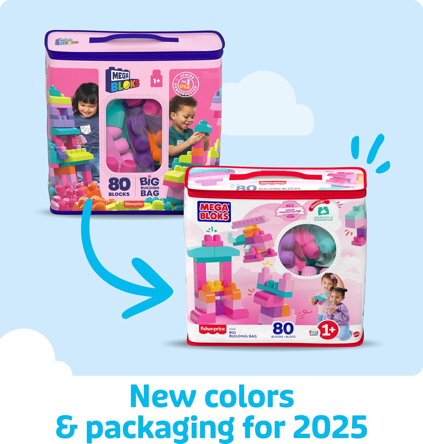 MEGA BLOKS First Builders Toddler Blocks Toys Set, Big Building Bag with 80 Pieces and Storage, Blue, Ages 1+ Years