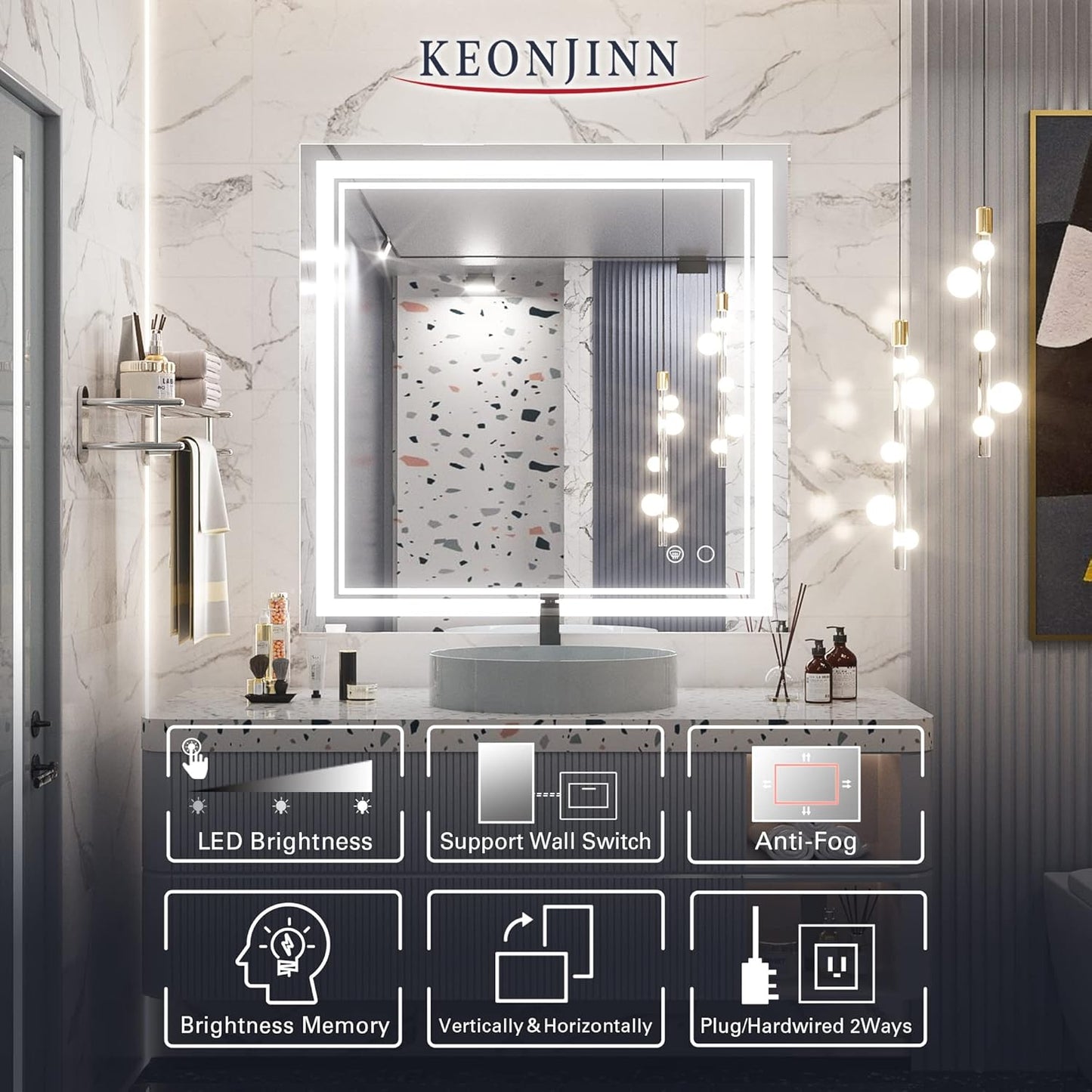 Keonjinn 40 x 24 Inch LED Mirror, Bathroom Mirror with Lights, LED Vanity Mirror, Wall Mounted Anti-Fog Dimmable Lighted Makeup Mirror for Bedroom, IP54 Waterproof (Horizontal/Vertical)