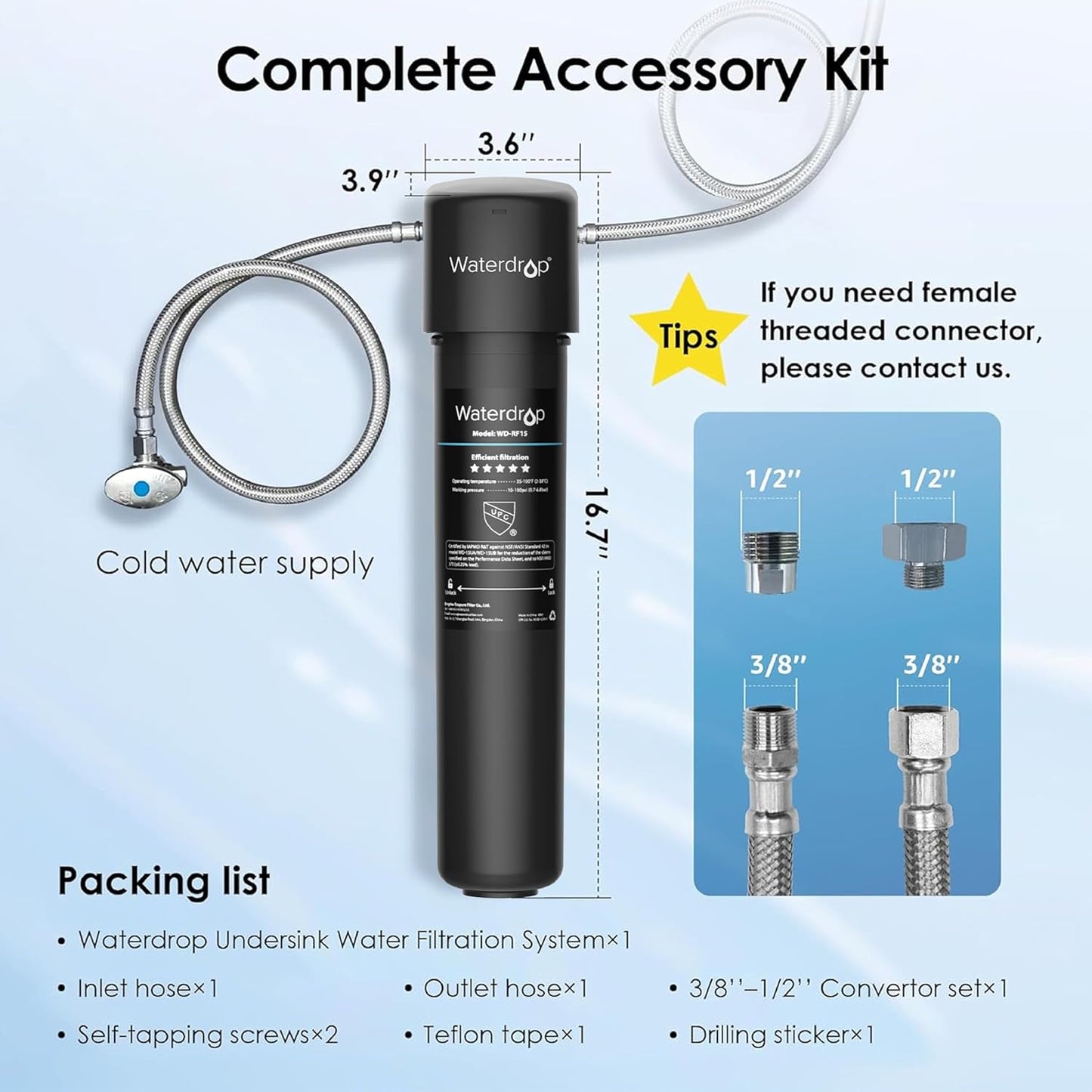 Waterdrop 15UA Under Sink Water Filter System, Reduces Lead, Chlorine, Bad Taste & Odor, Under Counter Water Filter Direct Connect to Kitchen Faucet, NSF/ANSI 42 Certified, 16000 Gallons, USA Tech