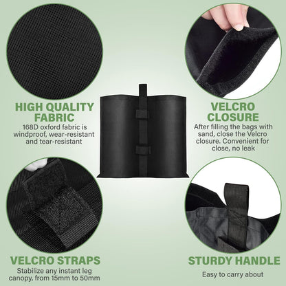 4 Pack Canopy Weight Bags, 1680D Oxford Cloth Heavy Duty Gazebo Sandbags, 112 LBS Gazebo Tent Sand Bags for Pop up Tent, Sun Shelter, Patio Umbrella Stand, Pool Ladder (Black)