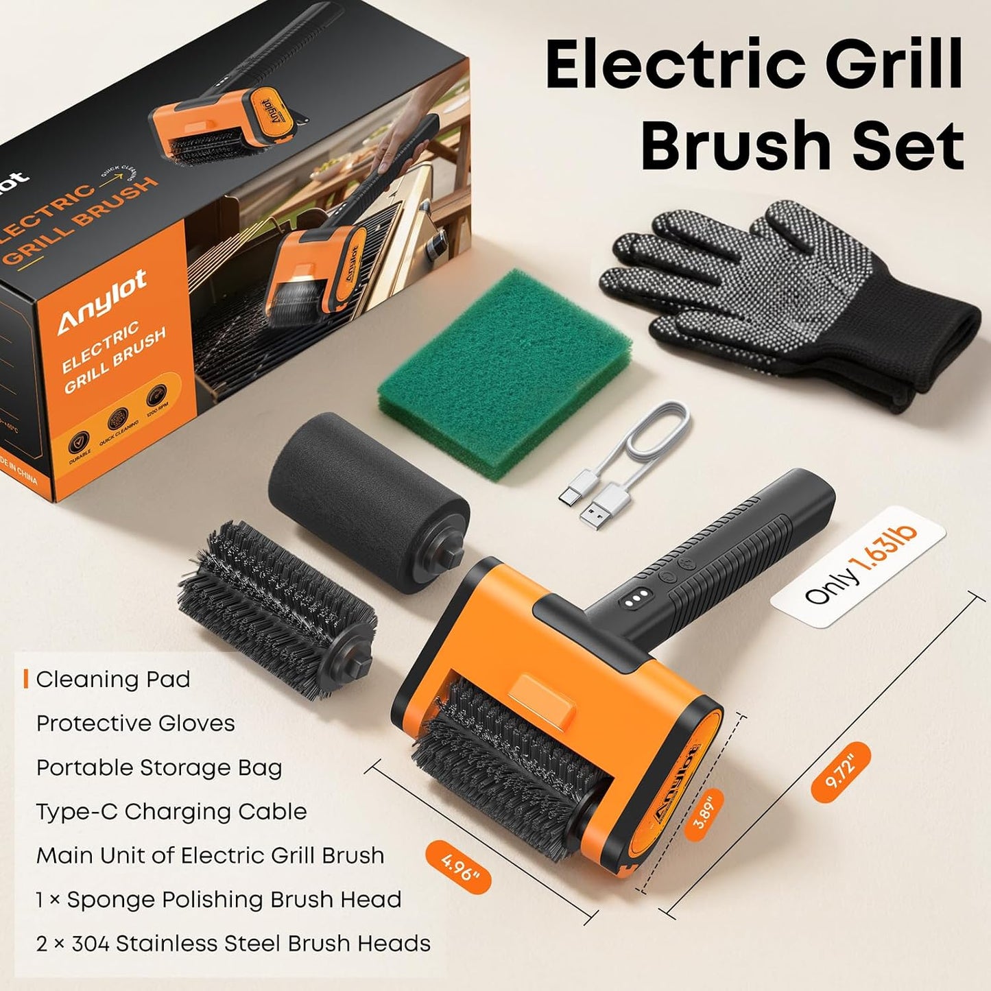 1500RPM Electric Grill Brush | Cordless Rechargeable BBQ Cleaner, 3 Speeds & 3 Heads, LED Light and Splash Guard – Fits Gas, Charcoal & Cast Iron Grates