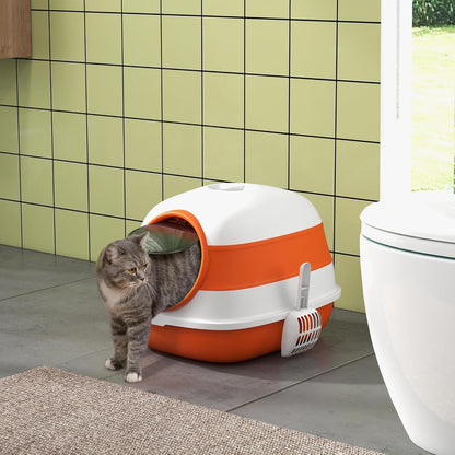 PawHut Foldable Large Cat Litter Box with Lid, Covered Kitten Litter Box w/Automatic Cat Litter-Proof Sides, Deodorization, Easy to Clean, White and Grey