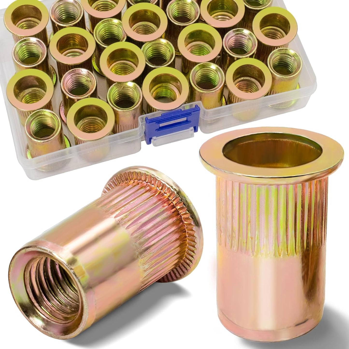 Vifmy Metric & SAE Rivet Nut Assortment Kit(420 Pcs),m3 m4 m5 m6 m8 m10 m12#6-32#8-32#10-24 1/4"-20 5/16"-18 3/8"-16 UNC Flat Head Rivnut Set,Zinc Plated Finish Carbon Steel Nutsert