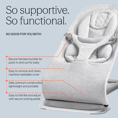 Ergobaby Evolve 3-in-1 Bouncer Seat for Babies and Toddlers 5.5-25 lbs Multi Position Baby Bouncer Seat with Adjustable Heights, Secure Harness, Newborn Insert, Light Grey