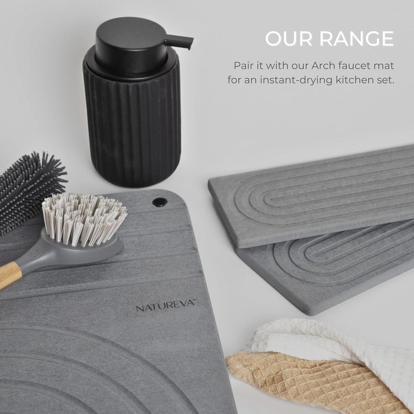 Natureva Home - Stone Dish Drying Mat | Super Absorbent, Quick Dry | Diatomite Mats for Kitchen Counter | Made of Natural Diatomaceous Earth | Absorbing Water Instantly | Design Tide | Colour Graphite