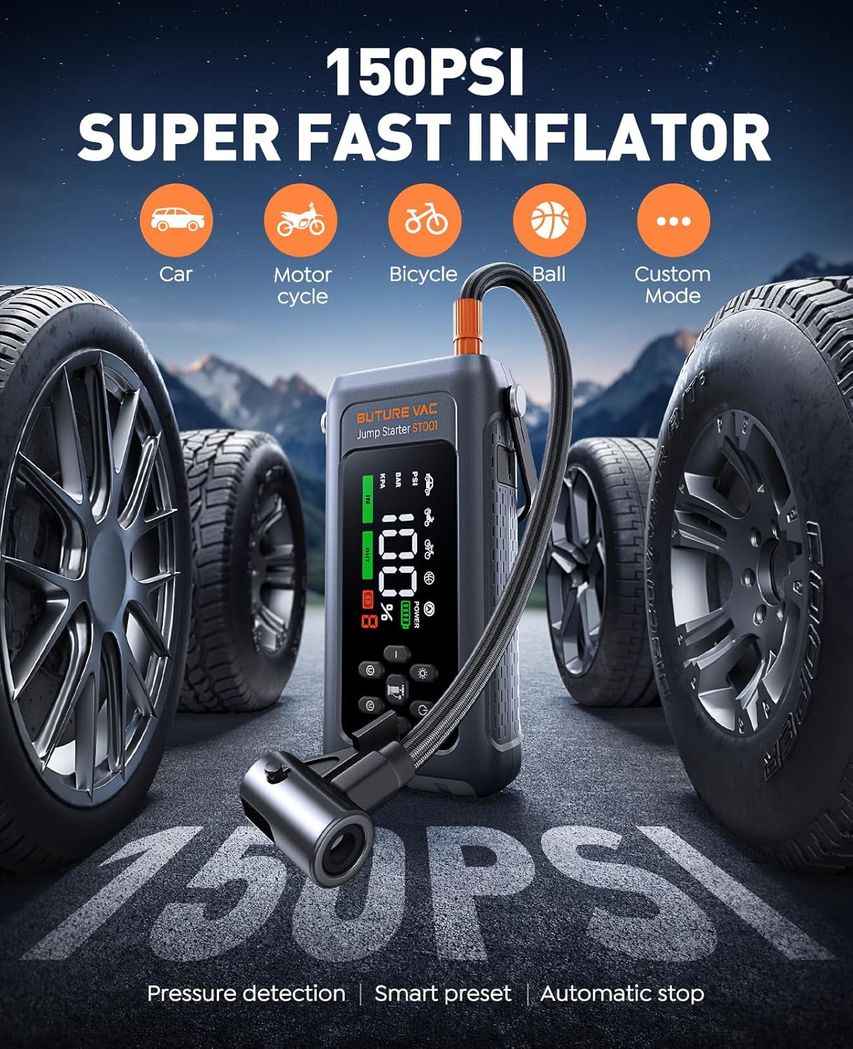 9-in-1 5000A 150PSI Car Battery Booster Jump Starter with Air Compressor (All Gas/9L Diesel), Portable Car Battery Booster Pack, Safe Durable Car Jump Starter with Extended Jumper Cables, Glove, Light