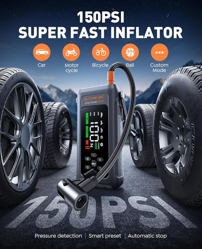 9-in-1 5000A 150PSI Car Battery Booster Jump Starter with Air Compressor (All Gas/9L Diesel), Portable Car Battery Booster Pack, Safe Durable Car Jump Starter with Extended Jumper Cables, Glove, Light