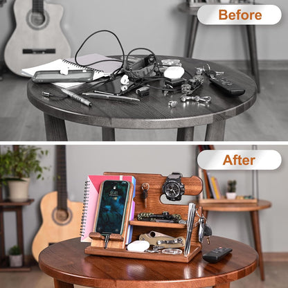 TESLYAR Wood Phone Docking Station – Solid Wood Desk & Nightstand Organizer for Men – Key Holder, Wallet, Watch & Essentials Stand - PuriLite
