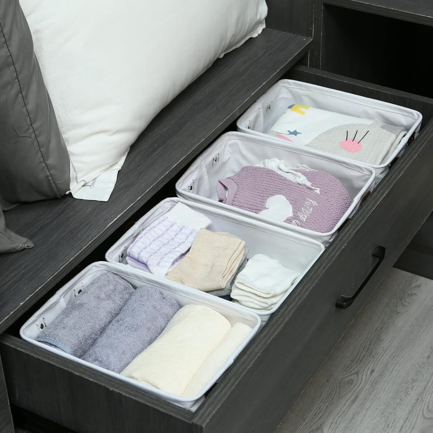 Hinwo 6-Pack Small Canvas Fabric Storage Baskets Set with Handles, Open Storage Bins, Cube Storage Organizer, Shelf Organizer Bins for Closet, 7.9L, 12 x 8 x 5 Inches, Grey Stripe