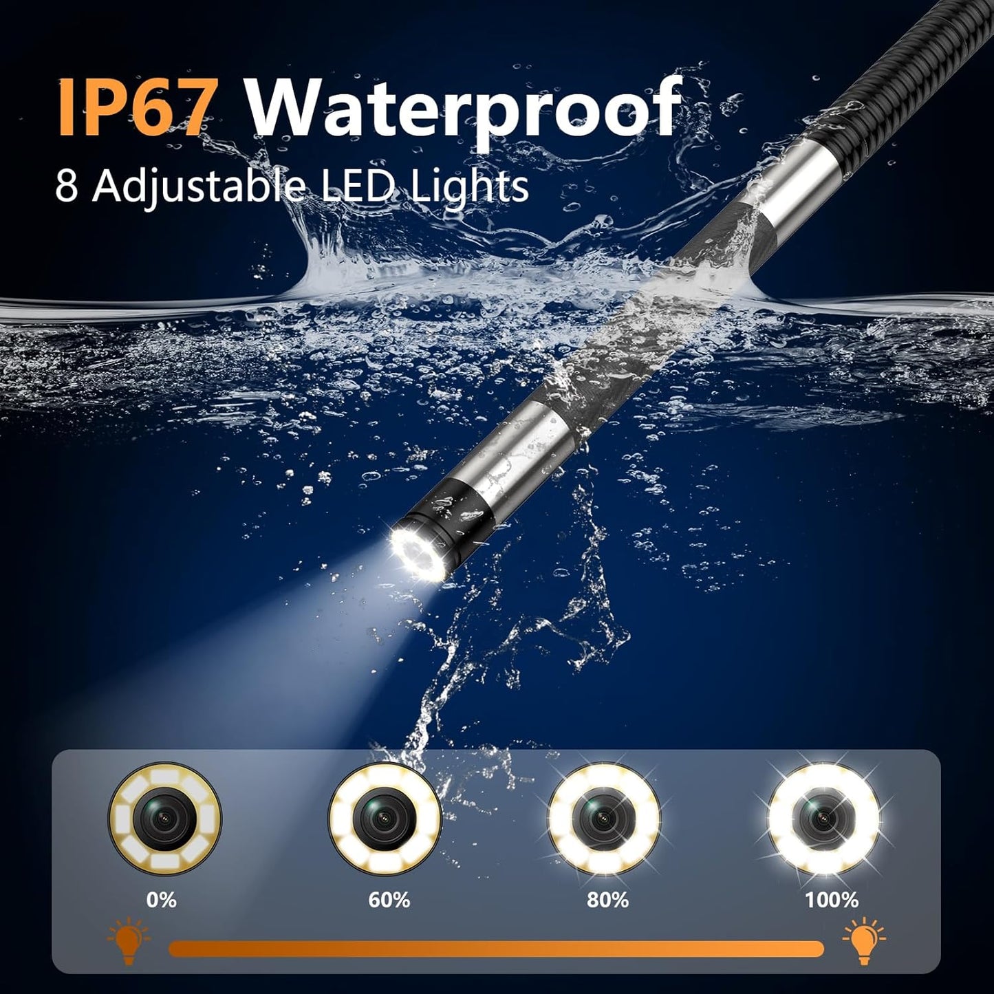 Endoscope Camera with Light, Ennovor 1920P HD, Endoscope Inspection with 8 Adjustable LED Lights, Borescope with Flexible Rigid Snake Camera, IP67 Waterproof and No WiFi Required, for Android iOS