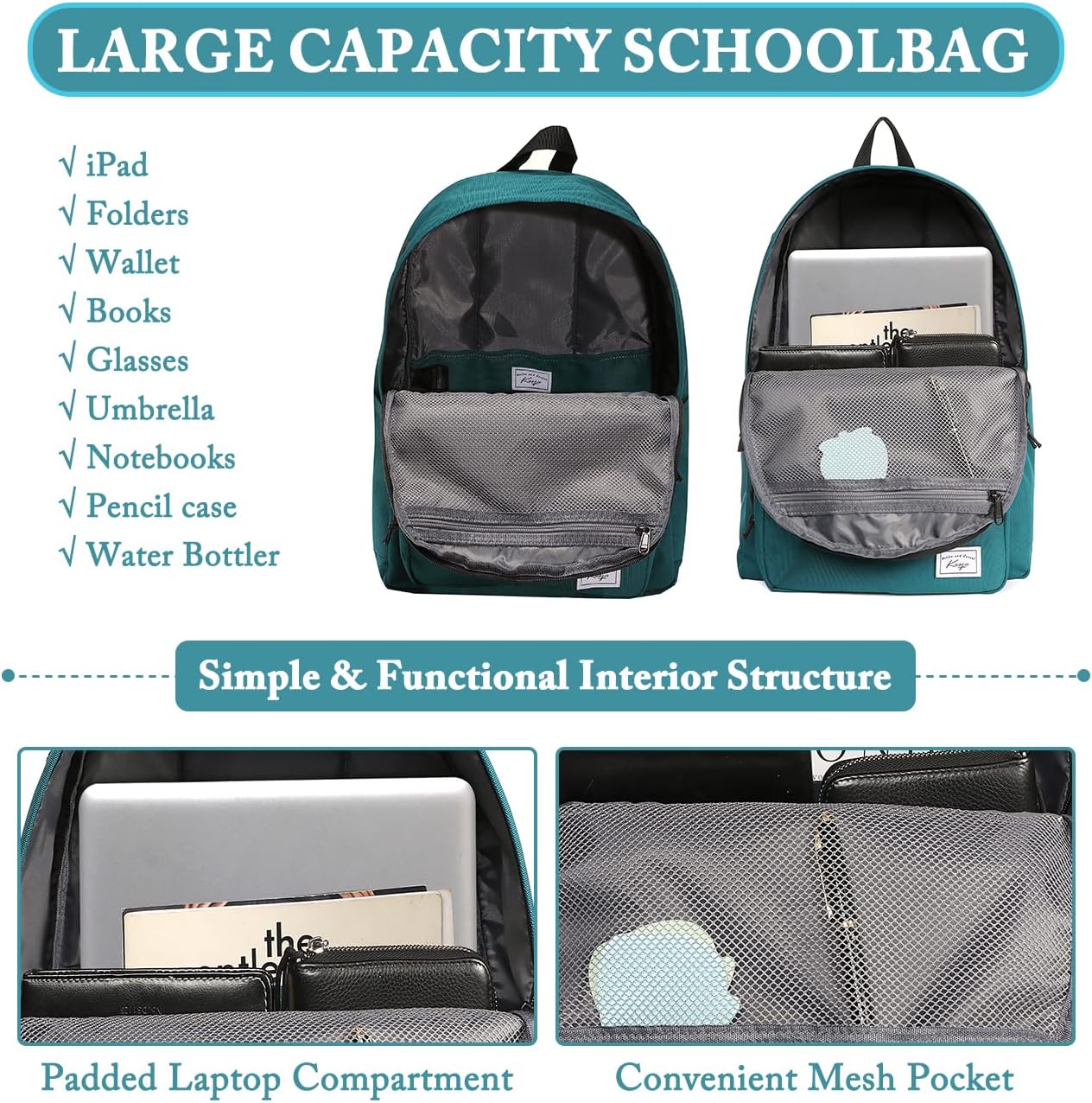 School Backpack, Kasqo 15.6 Inch Classic Lightweight Water-Resistant Backpack for Men Women Teens Girls Boys Kids to School, College, Travel, Work, Black