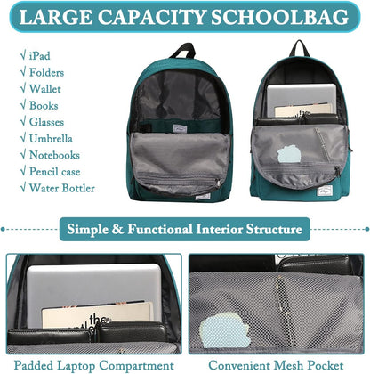 School Backpack, Kasqo 15.6 Inch Classic Lightweight Water-Resistant Backpack for Men Women Teens Girls Boys Kids to School, College, Travel, Work, Black