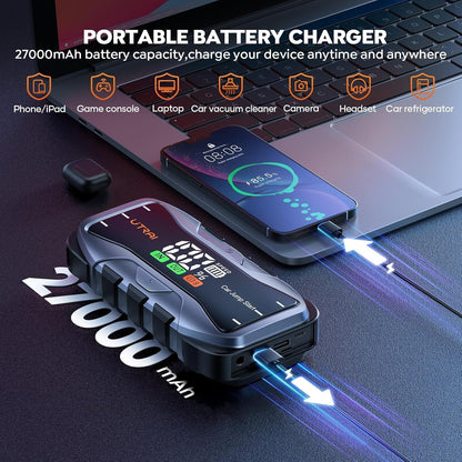 UTRAI Car Battery Booster Jump Starter, 6000A Battery Booster Pack (up to All 12V Gas or 12L Diesel), 65W Fast Charge, DC160W, 12V Car Jump Starter with LED Light, Jumper Cables, Storage Case
